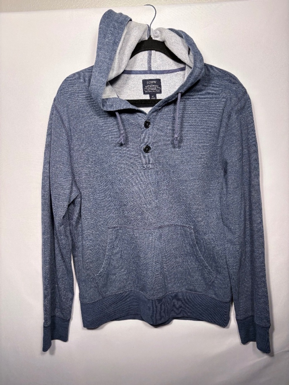J. Crew Authentic Fleece Henley Hoodie Blue Heathered Pullover Mens Size Medium